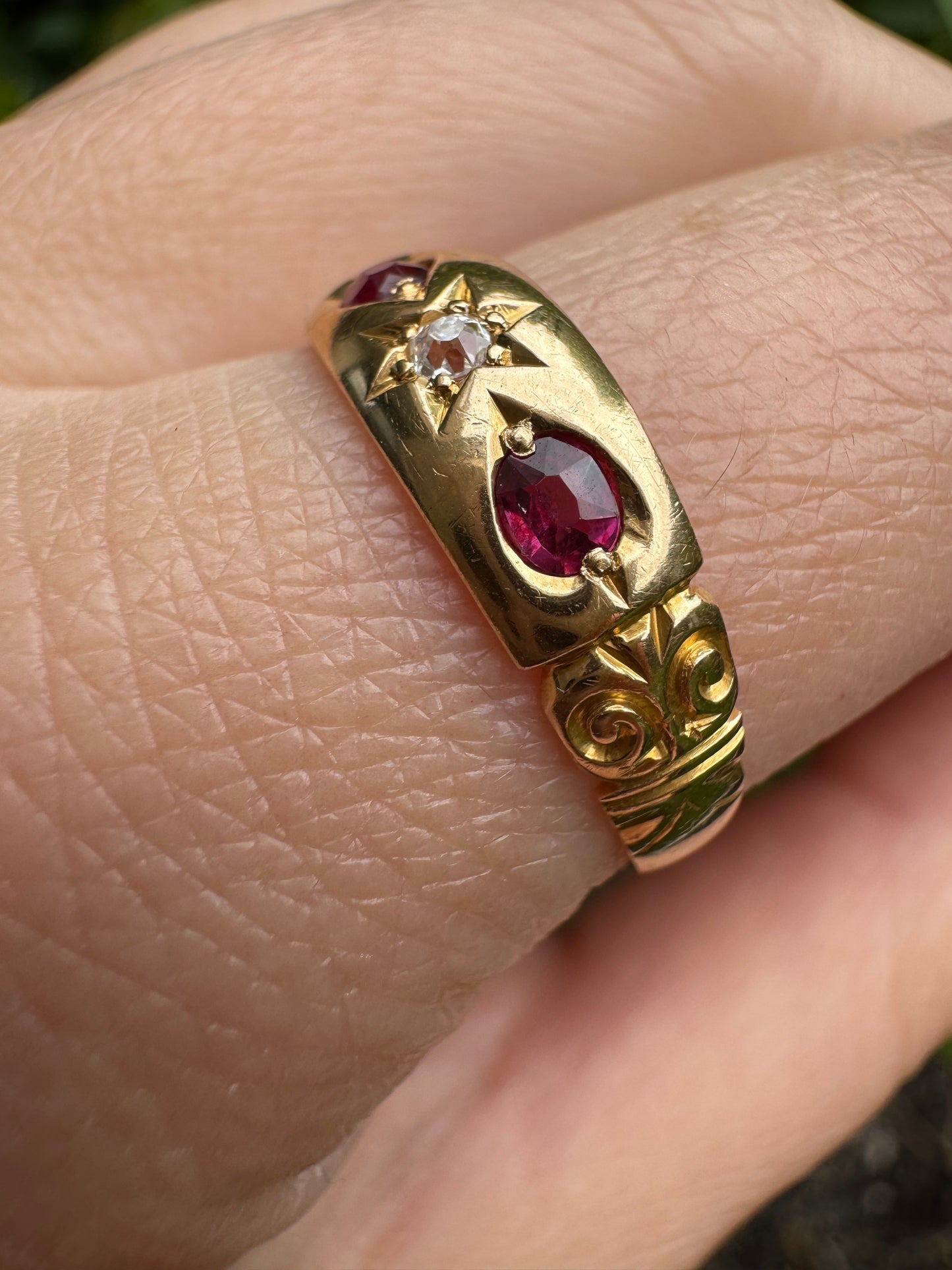 Antique Victorian English 18ct yellow gold 0.3ct TCW cushion cut natural ruby and 4pt old mine cut diamond gypsy ring