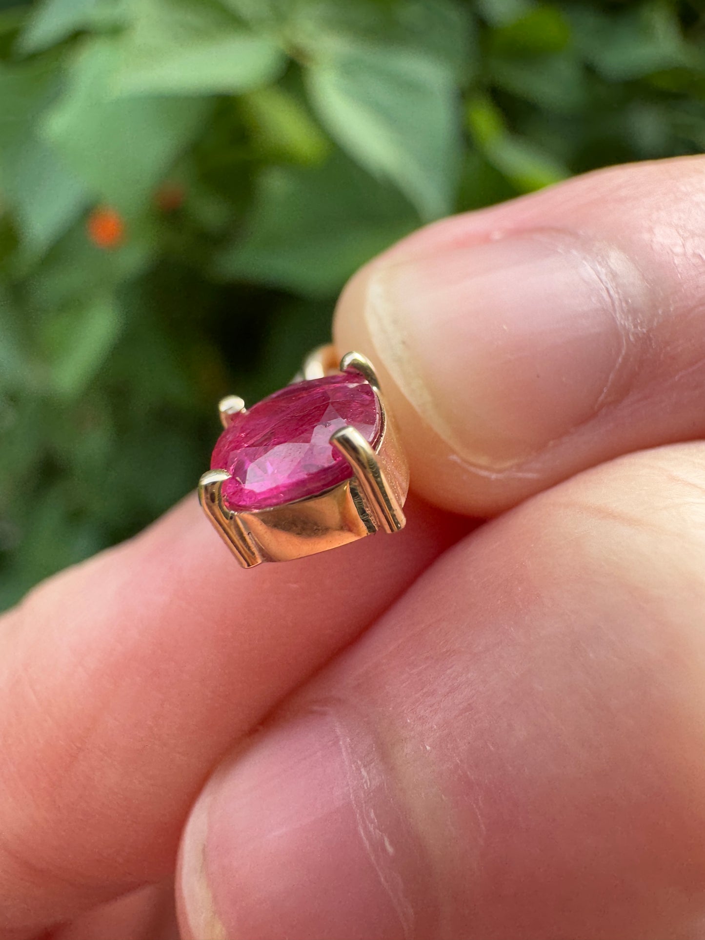 Custom 9ct yellow gold 0.83ct cushion cut ruby claw set pendant
