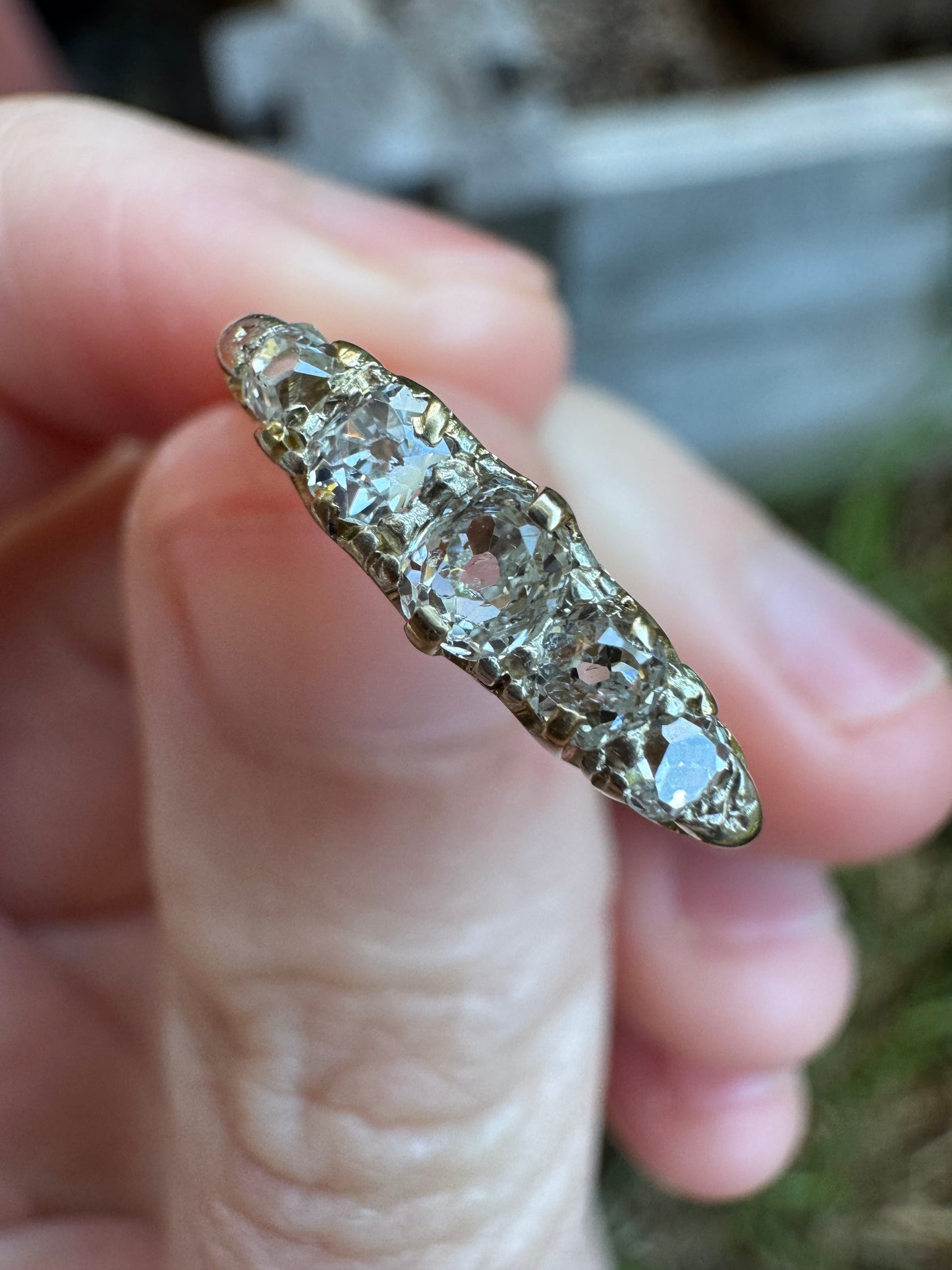 Antique 18ct gold old mine cut diamond five stone ring