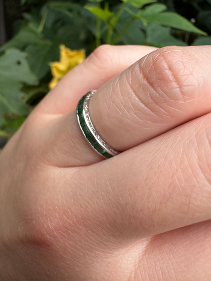 Antique platinum 1.02ct TCW natural emerald engraved eternity ring