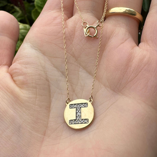 Vintage 10ct yellow gold single cut diamond ‘I’ initial necklace