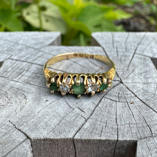 Antique Edwardian 18ct yellow gold five stone emerald and old mine cut diamond half hoop ring