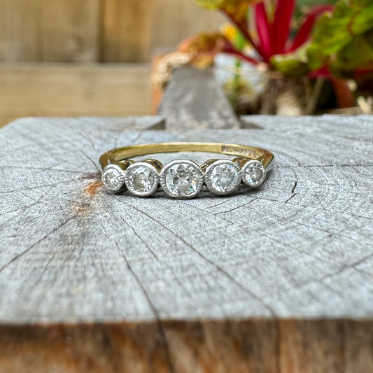 Vintage 18ct yellow gold and platinum 0.34ct TCW five stone old mine cut diamond ring