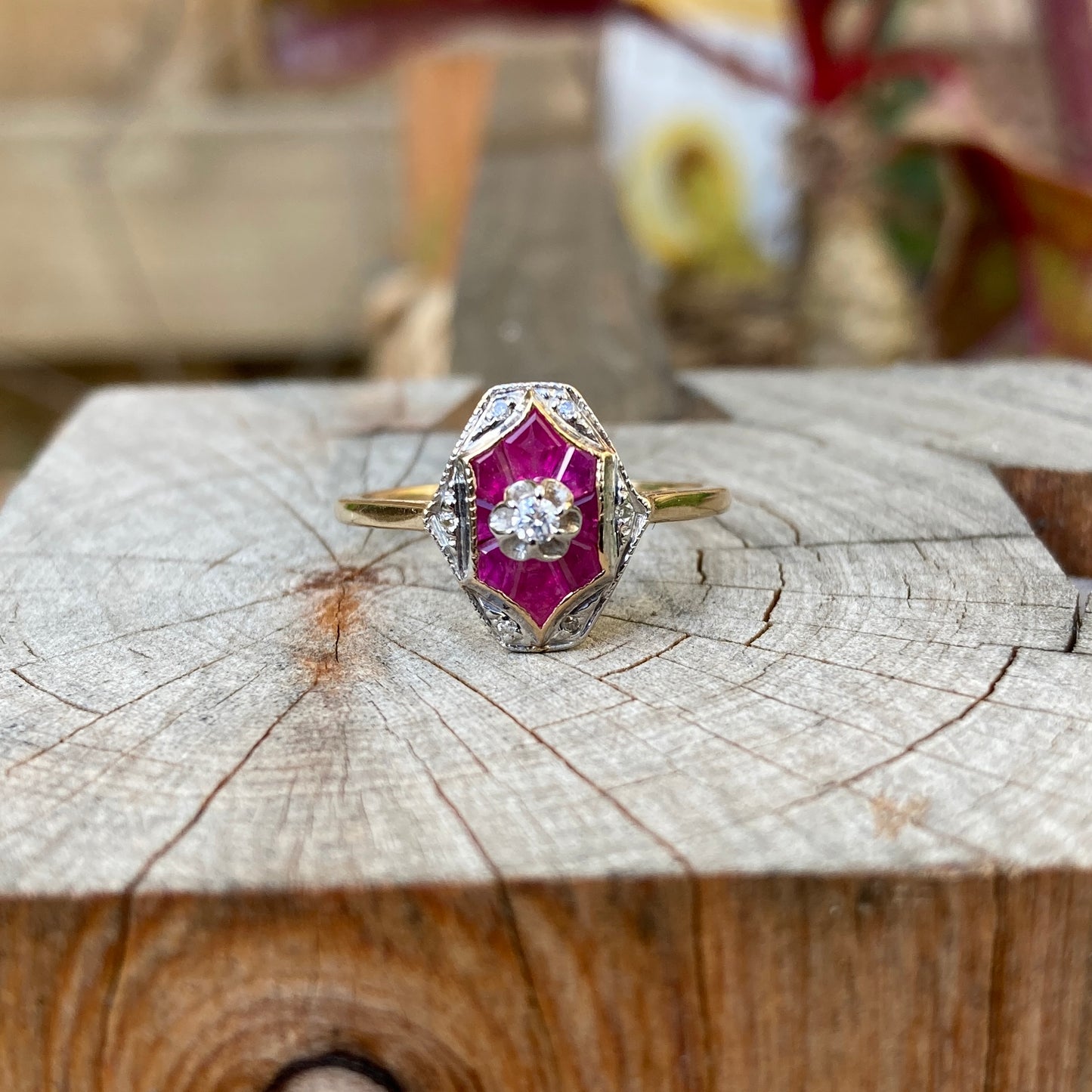 Vintage Art Deco style 9ct yellow gold buttercup set diamond and trapezoid ruby ring