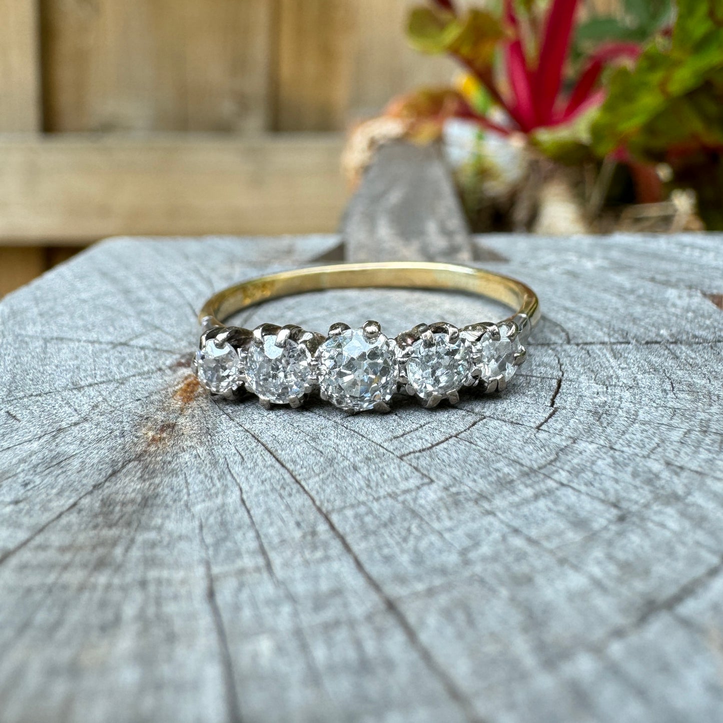 Vintage 18ct yellow gold 0.87ct TCW five stone old mine cut diamond ring