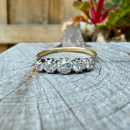Vintage 18ct yellow gold 0.87ct TCW five stone old mine cut diamond ring