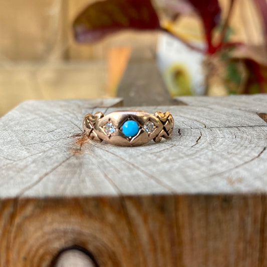 Antique 9ct rose gold turquoise and diamond gypsy ring