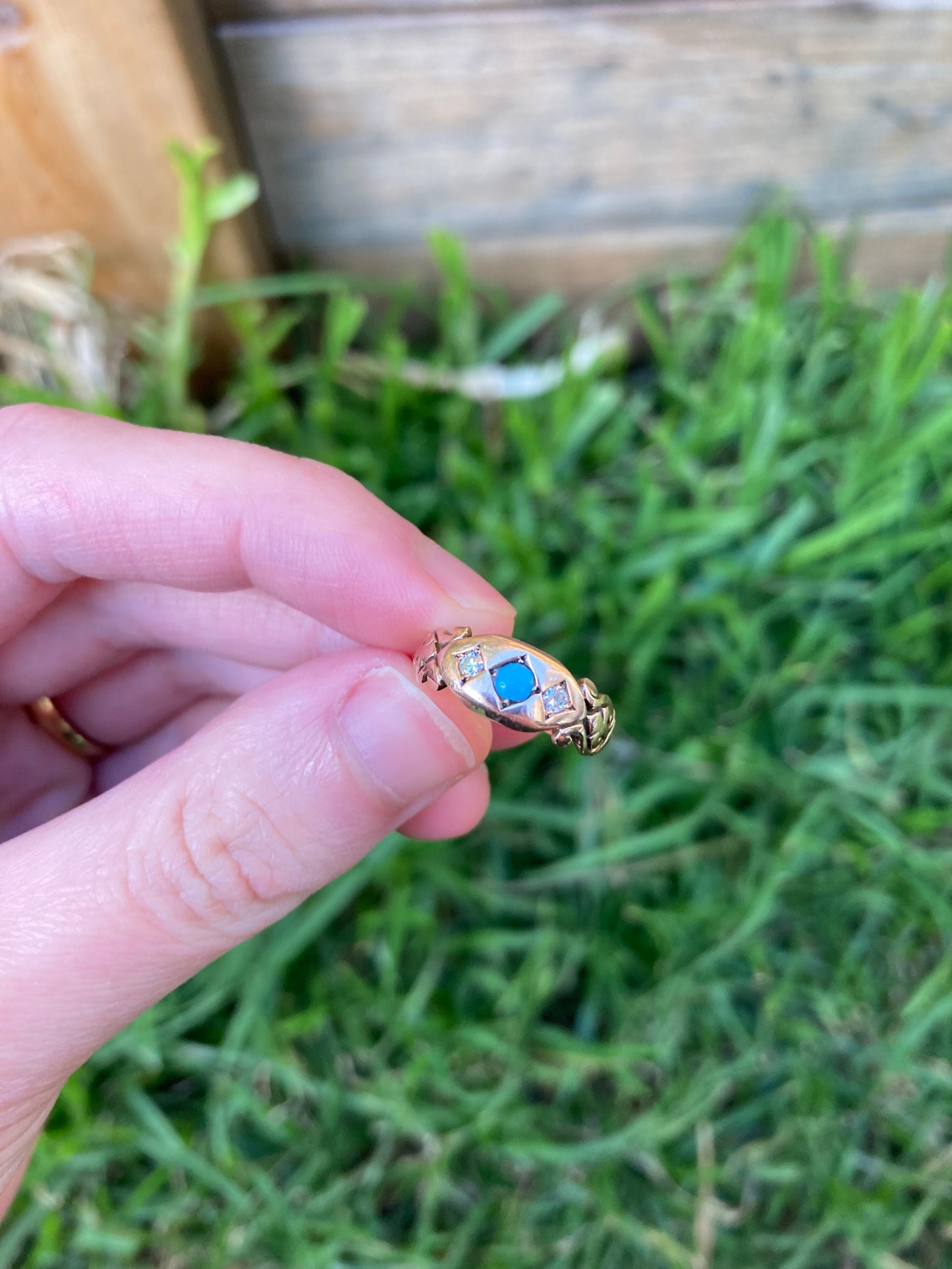 Antique 9ct rose gold turquoise and diamond gypsy ring