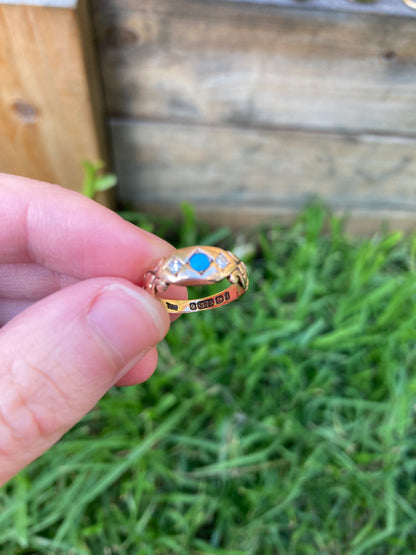 Antique 9ct rose gold turquoise and diamond gypsy ring