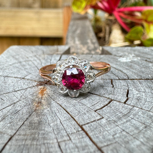 Vintage 9ct rosy gold ruby and mixed old cut diamond cluster ring