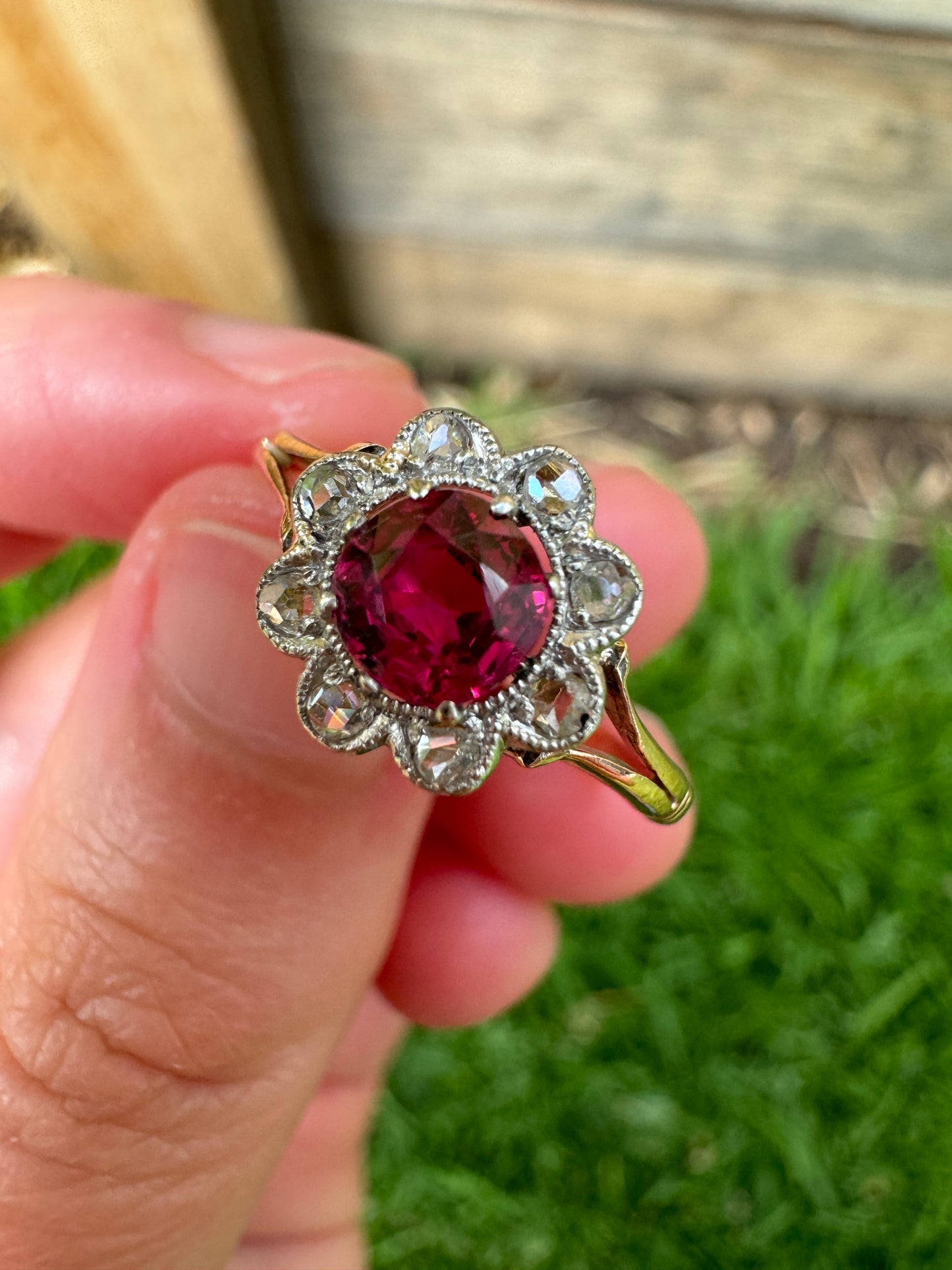 Vintage 9ct rosy gold ruby and mixed old cut diamond cluster ring