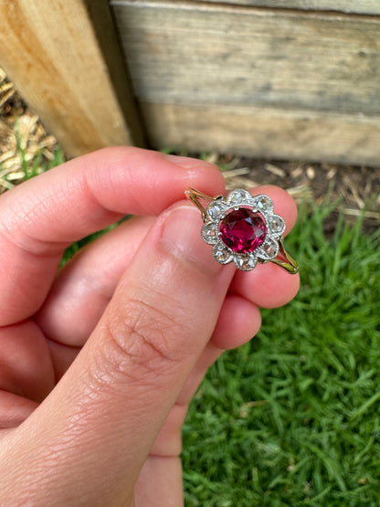 Vintage 9ct rosy gold ruby and mixed old cut diamond cluster ring