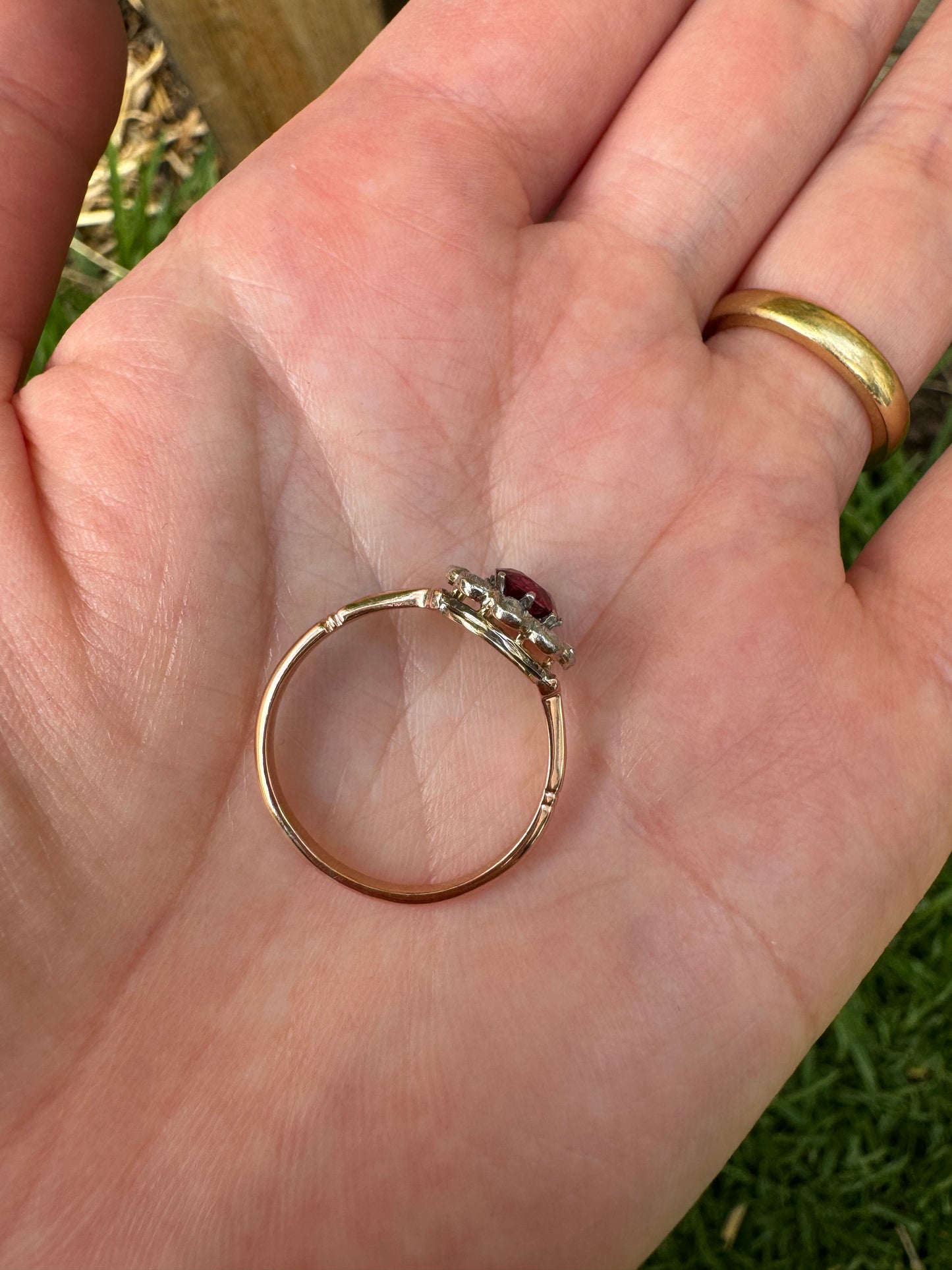 Vintage 9ct rosy gold ruby and mixed old cut diamond cluster ring