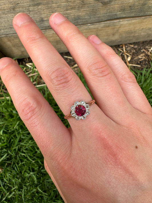 Vintage 9ct rosy gold ruby and mixed old cut diamond cluster ring