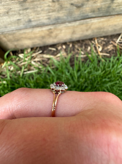 Vintage 9ct rosy gold ruby and mixed old cut diamond cluster ring