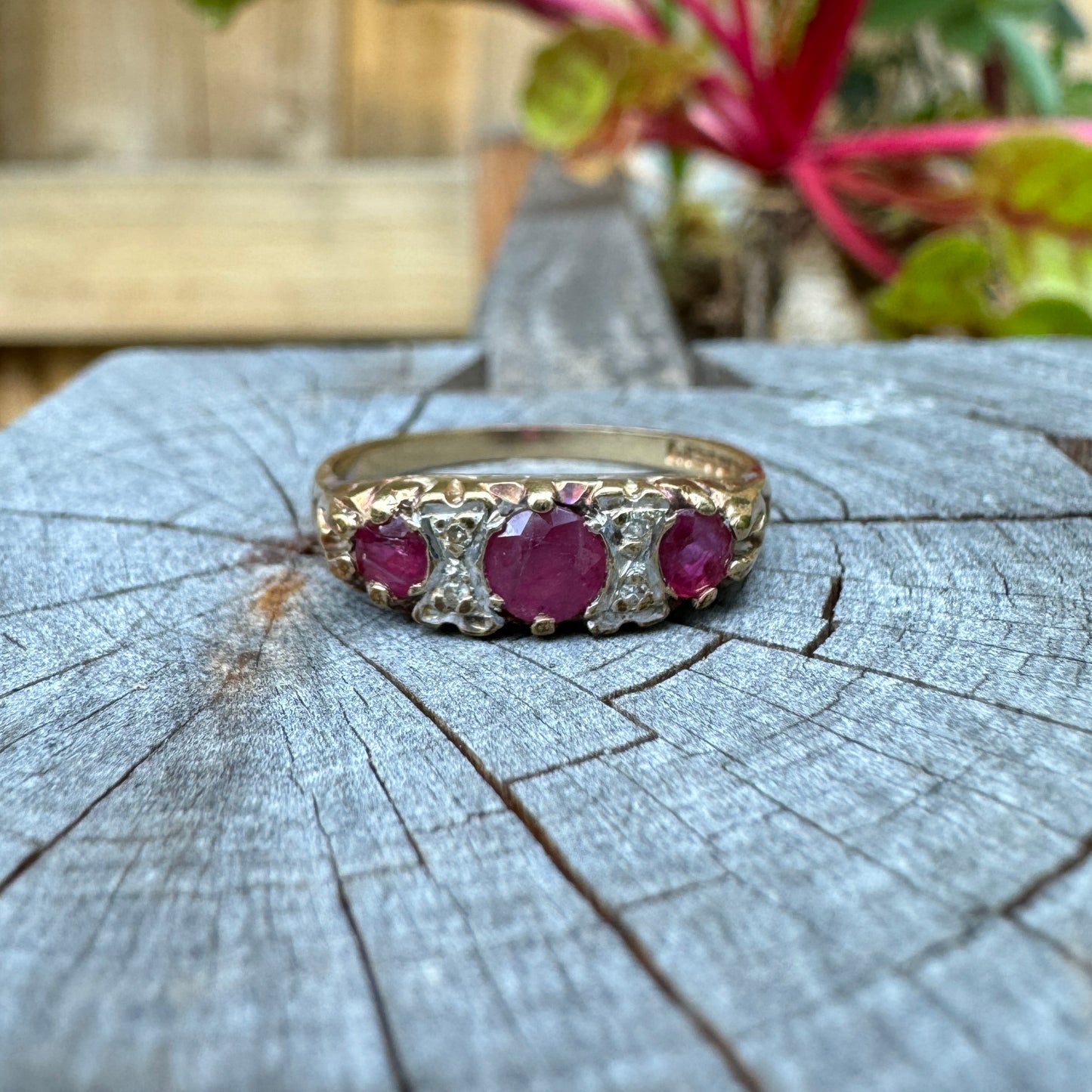 Vintage Victorian style 9ct yellow gold red spinel and rose cut diamond half hoop ring