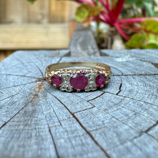 Vintage Victorian style 9ct yellow gold red spinel and rose cut diamond half hoop ring