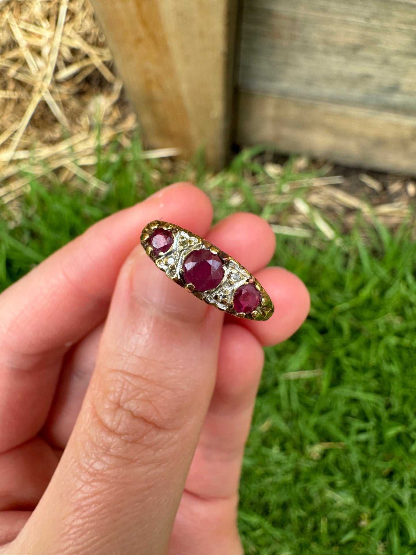 Vintage Victorian style 9ct yellow gold red spinel and rose cut diamond half hoop ring