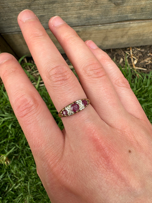 Vintage Victorian style 9ct yellow gold red spinel and rose cut diamond half hoop ring