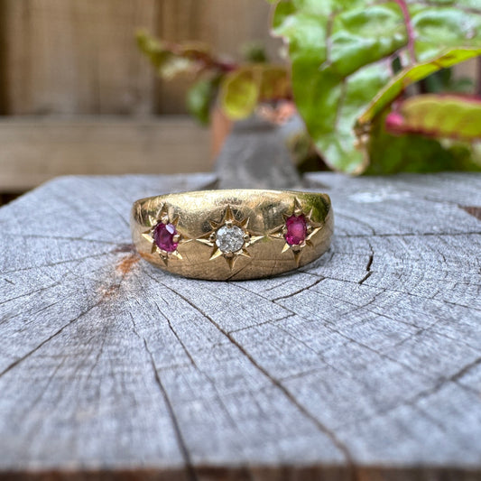 Antique 18ct yellow gold ruby and old mine cut diamond three stone gypsy ring