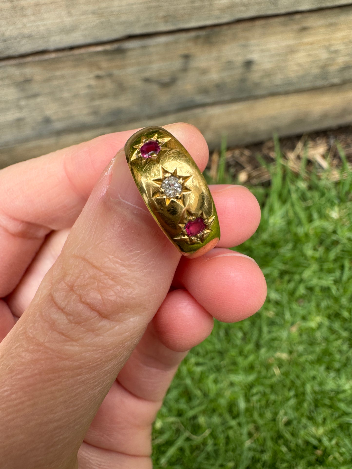 Antique 18ct yellow gold ruby and old mine cut diamond three stone gypsy ring