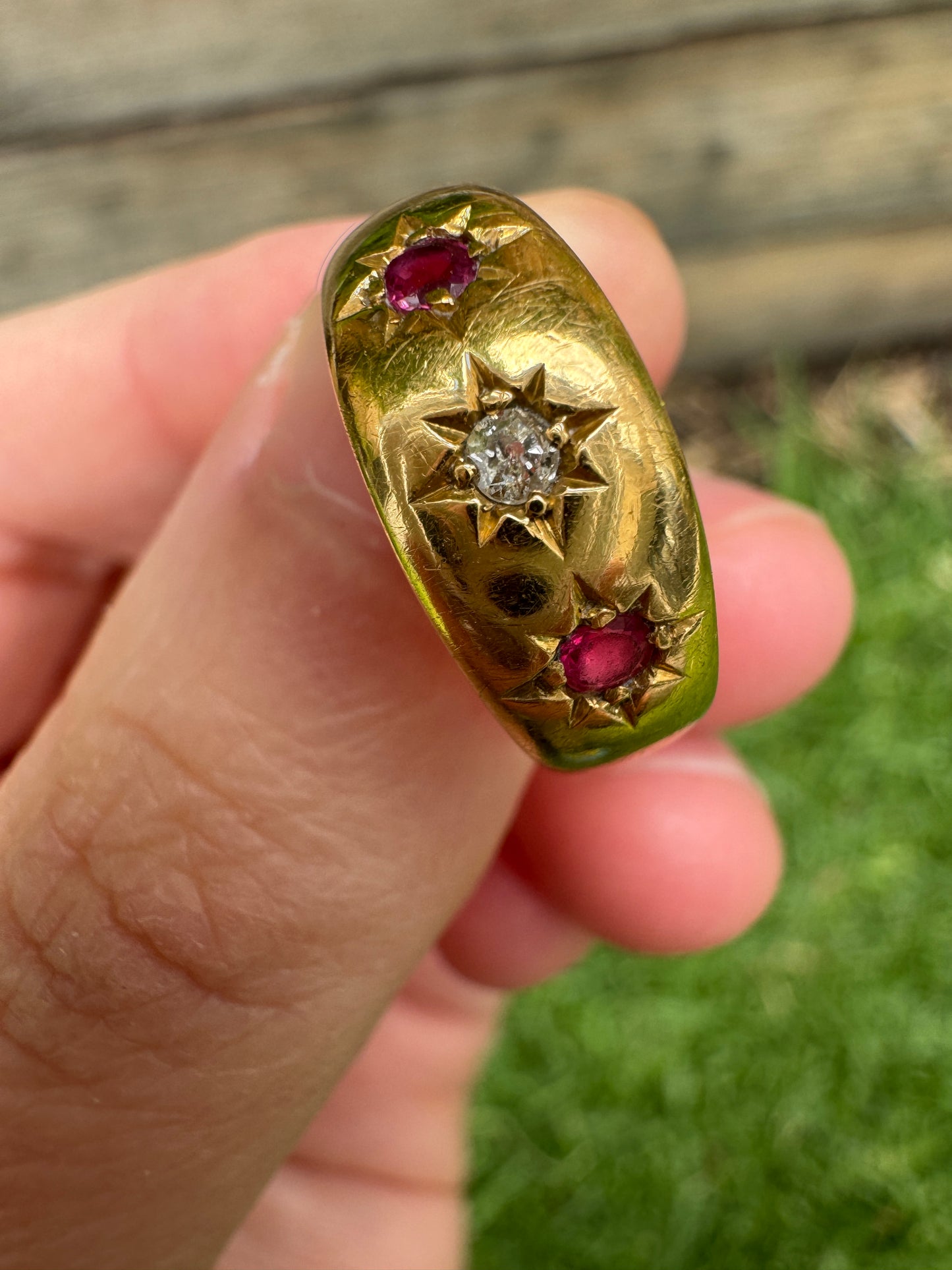 Antique 18ct yellow gold ruby and old mine cut diamond three stone gypsy ring