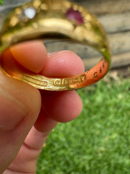 Antique 18ct yellow gold ruby and old mine cut diamond three stone gypsy ring