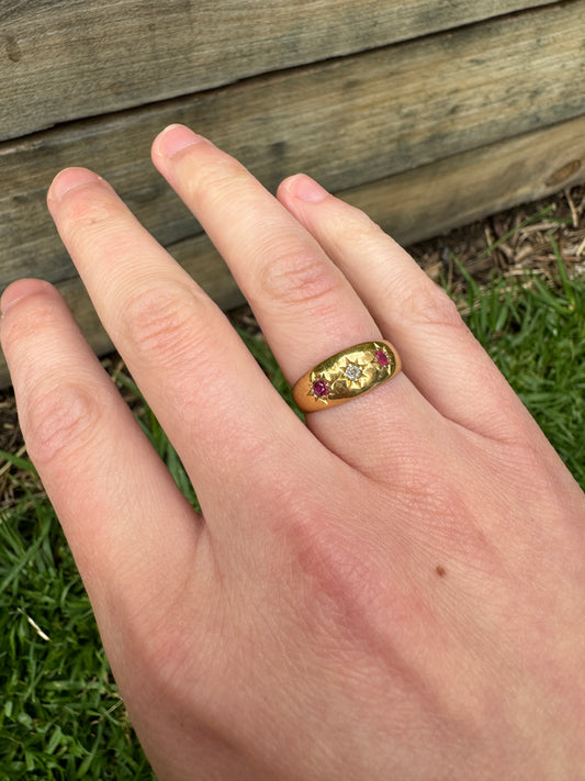 Antique 18ct yellow gold ruby and old mine cut diamond three stone gypsy ring
