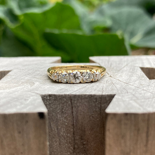 Antique 18ct yellow gold 0.5ct TCW old cut diamond five stone half hoop ring