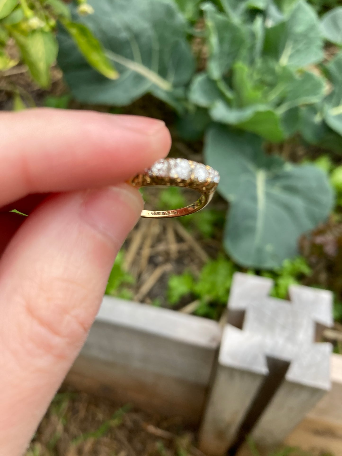 Antique 18ct yellow gold 0.5ct TCW old cut diamond five stone half hoop ring