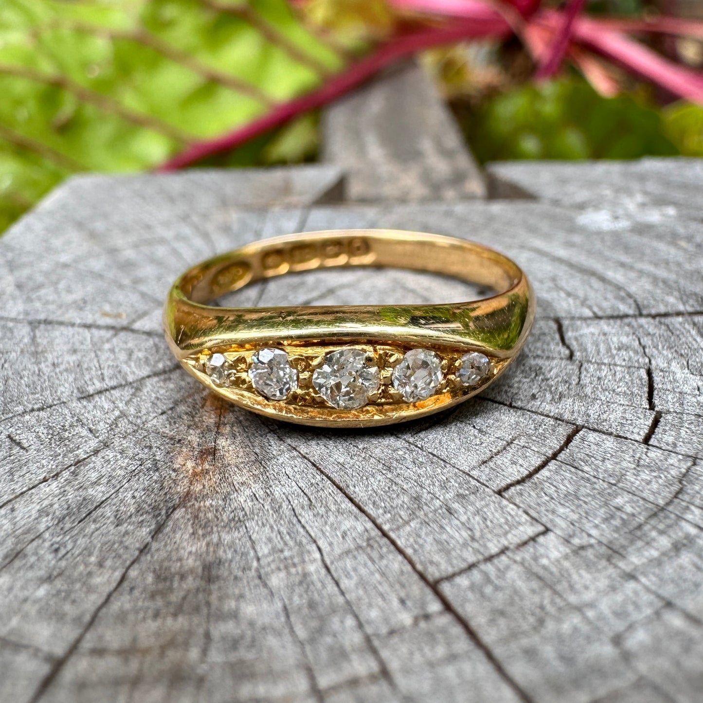 Vintage 18ct yellow gold old mine cut diamond five stone boat ring