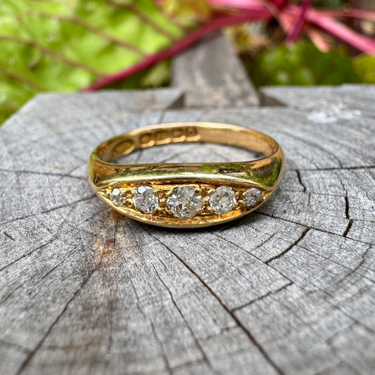 Vintage 18ct yellow gold old mine cut diamond five stone boat ring