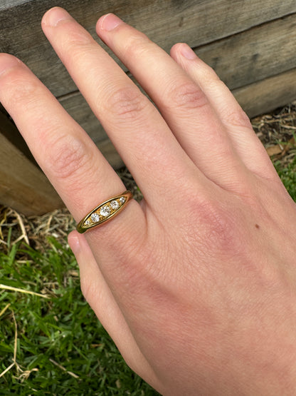Vintage 18ct yellow gold old mine cut diamond five stone boat ring