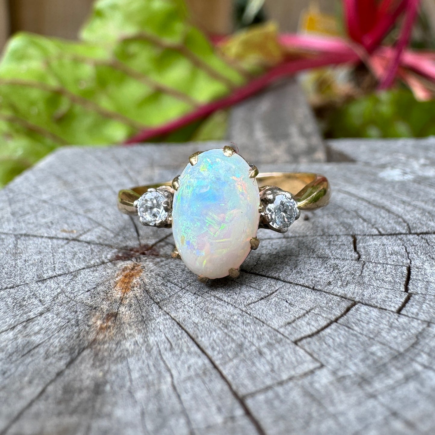 Vintage 18ct yellow gold opal cabochon and old European cut diamond ring