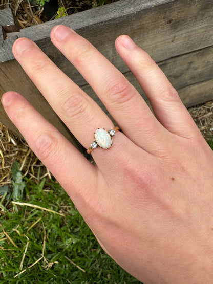 Vintage 18ct yellow gold opal cabochon and old European cut diamond ring