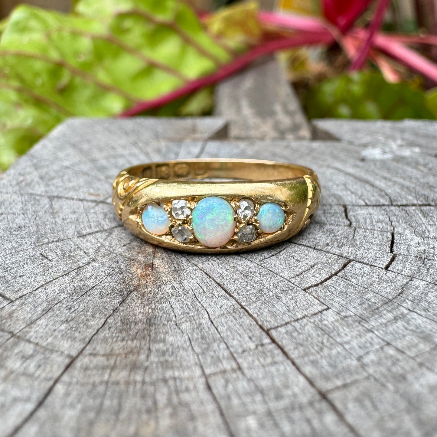 Vintage 18ct yellow gold opal and old cut diamond boat ring