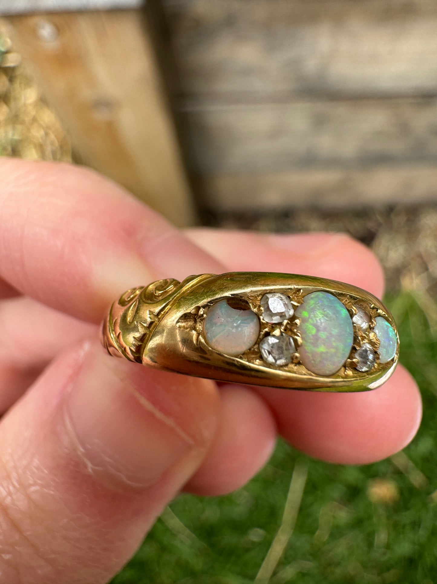 Vintage 18ct yellow gold opal and old cut diamond boat ring