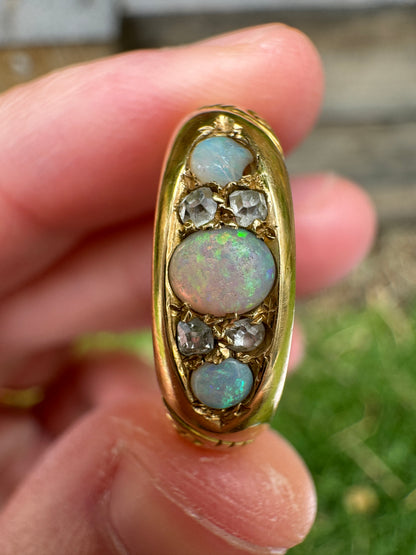 Vintage 18ct yellow gold opal and old cut diamond boat ring
