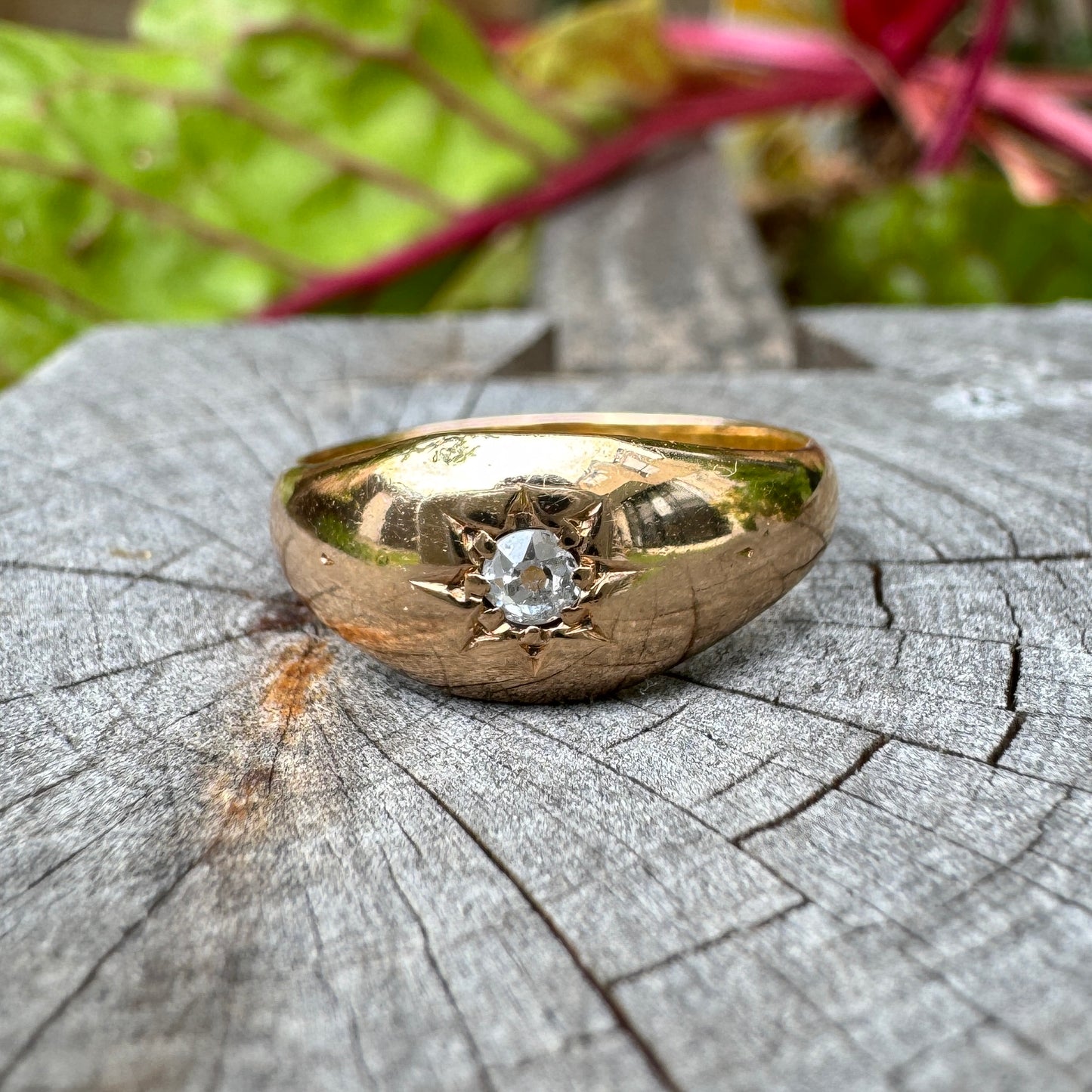 Antique Victorian 15ct rosy yellow gold old mine cut diamond starset gypsy ring
