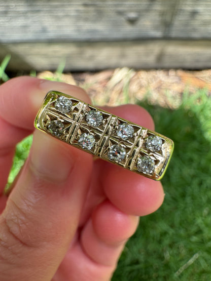 Vintage 9ct yellow gold double row 0.25ct TCW old mine cut diamond ring