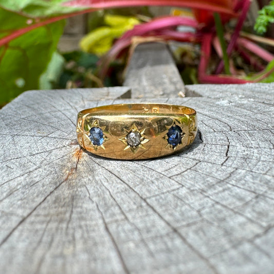 Antique Victorian 18ct yellow gold three stone starset sapphire and old cut diamond gypsy ring