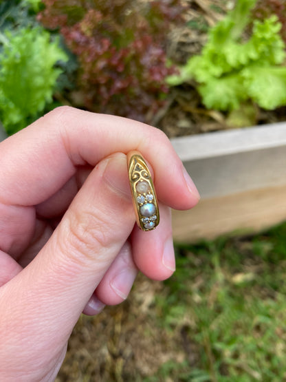 Antique Victorian 18ct yellow gold split pearl and old cut diamond half hoop ring