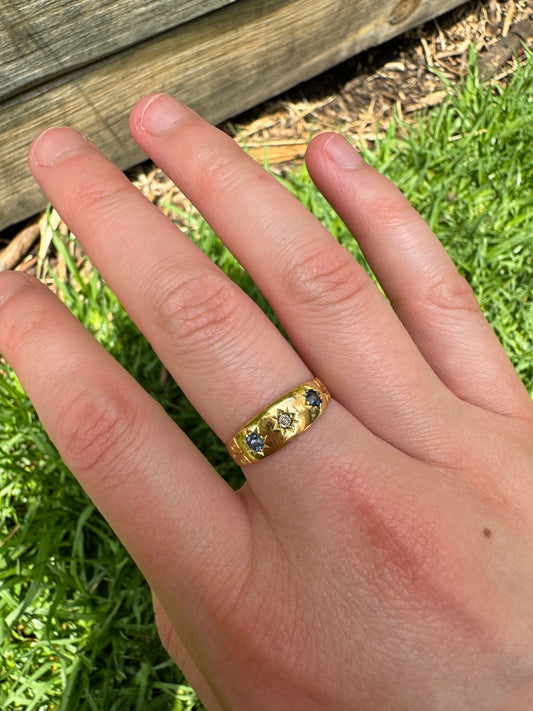 Antique Victorian 18ct yellow gold three stone starset sapphire and old cut diamond gypsy ring