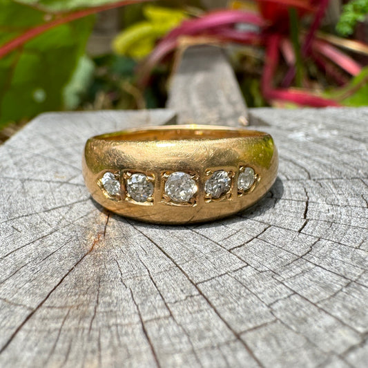 Antique 18ct yellow gold five stone old mine cut diamond gypsy ring