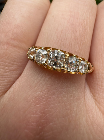 Vintage 18ct yellow gold 0.9ct TCW five stone old mine cut diamond ring
