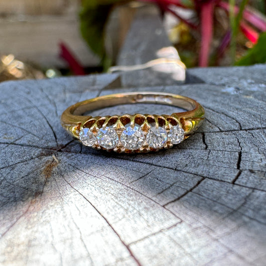 Antique Edwardian 18ct yellow gold 0.25ct TCW old mine cut diamond boat ring