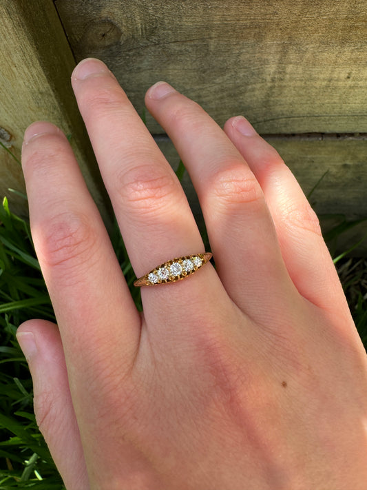 Antique Edwardian 18ct yellow gold 0.25ct TCW old mine cut diamond boat ring