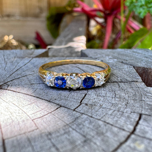Vintage 18ct yellow gold five stone old mine cut diamond and sapphire ring