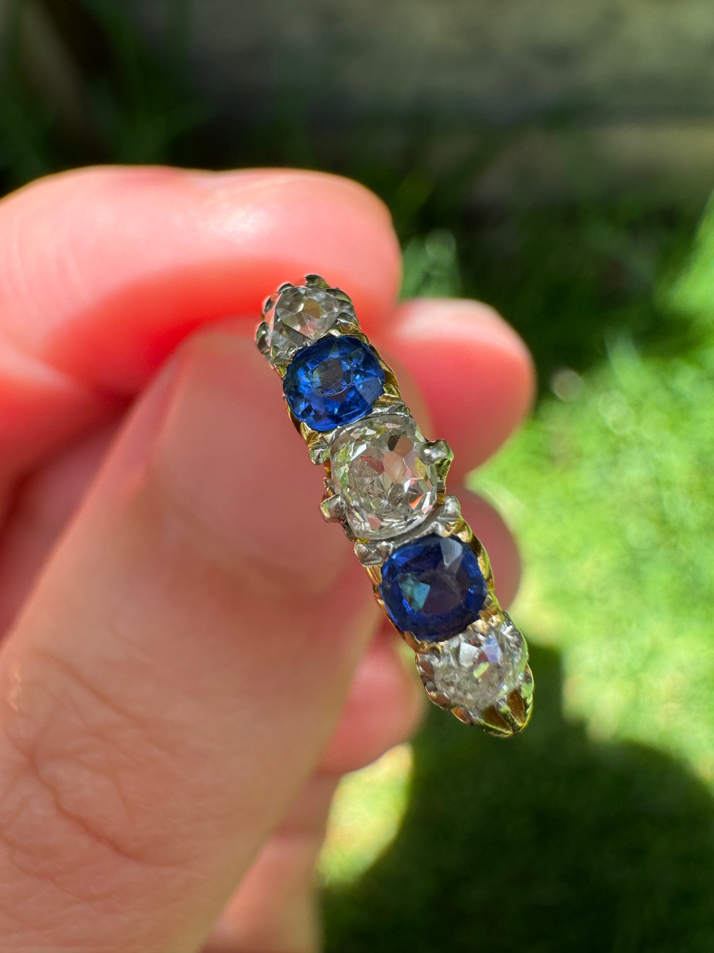 Vintage 18ct yellow gold five stone old mine cut diamond and sapphire ring