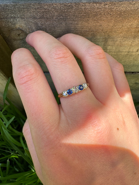 Vintage 18ct yellow gold five stone old mine cut diamond and sapphire ring